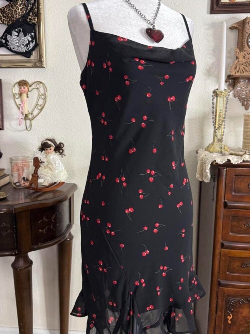 Romantic girly grunge cherry print black cowl neck dress - Picture 2 of 5